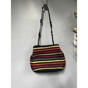100% Wheat Straw Purse with Multicolor Stripes & Double Handles Inside Pockets